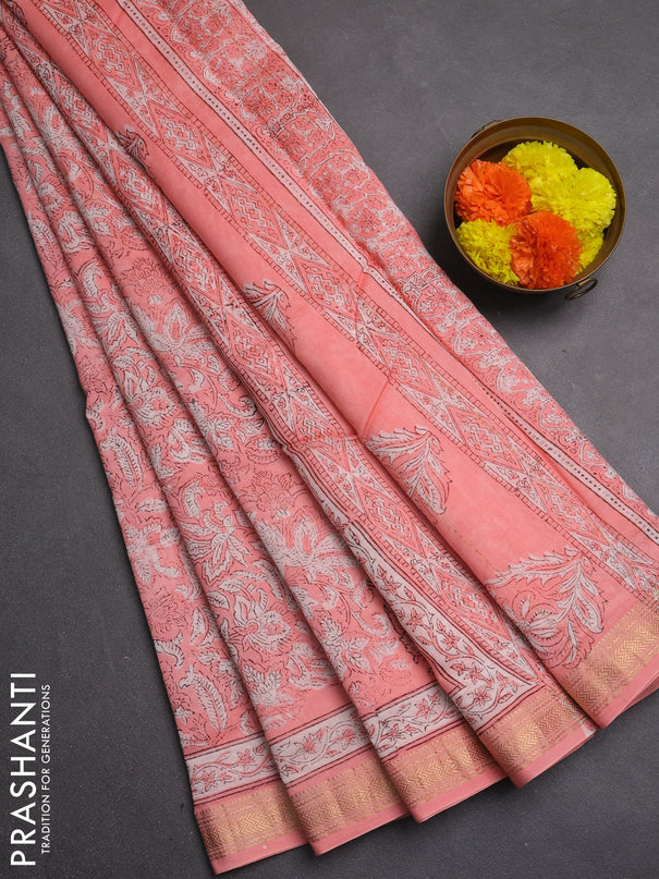 Chanderi bagru saree peach shade with allover kalamkari prints and maheshwari border