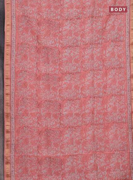 Chanderi bagru saree peach shade with allover kalamkari prints and maheshwari border