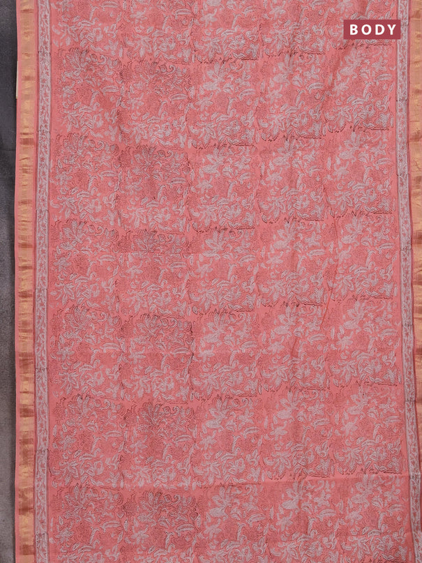 Chanderi bagru saree peach shade with allover kalamkari prints and maheshwari border