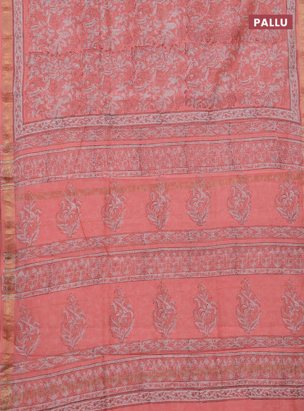 Chanderi bagru saree peach shade with allover kalamkari prints and maheshwari border