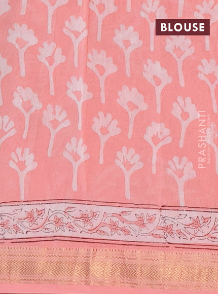 Chanderi bagru saree peach shade with allover kalamkari prints and maheshwari border
