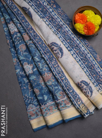 Chanderi bagru saree peacock blue with allover kalamkari prints and maheshwari border