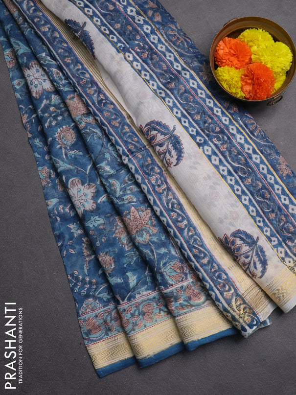 Chanderi bagru saree peacock blue with allover kalamkari prints and maheshwari border