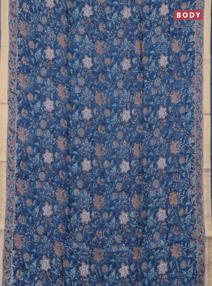 Chanderi bagru saree peacock blue with allover kalamkari prints and maheshwari border