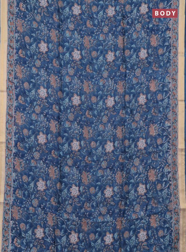 Chanderi bagru saree peacock blue with allover kalamkari prints and maheshwari border