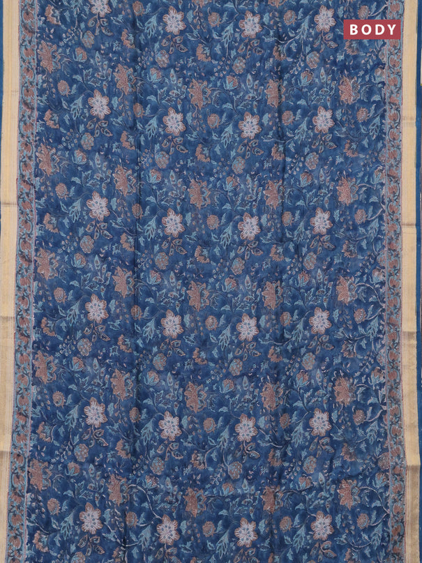 Chanderi bagru saree peacock blue with allover kalamkari prints and maheshwari border