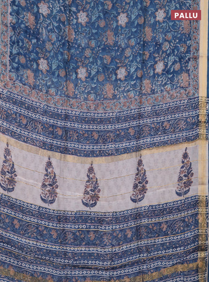 Chanderi bagru saree peacock blue with allover kalamkari prints and maheshwari border