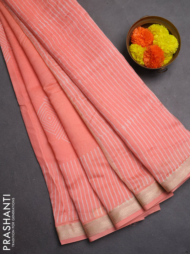 Chanderi bagru saree peach orange with allover geomatric prints and maheshwari border