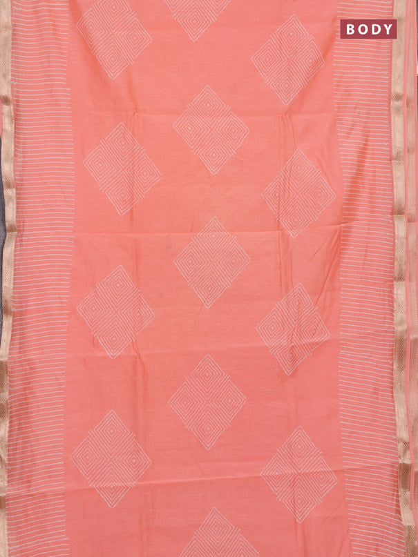 Chanderi bagru saree peach orange with allover geomatric prints and maheshwari border