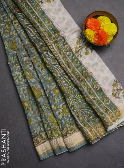 Chanderi bagru saree pastel green with allover kalamkari prints and maheshwari border