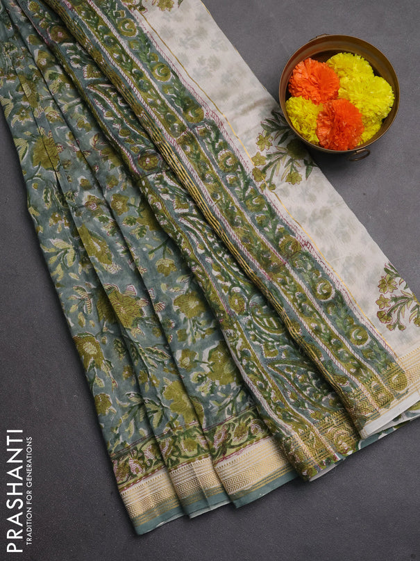 Chanderi bagru saree pastel green with allover kalamkari prints and maheshwari border