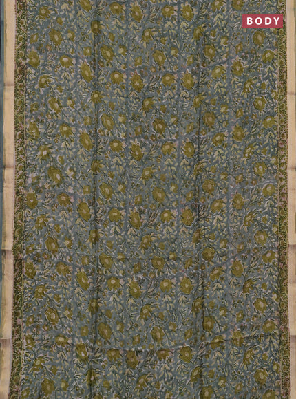 Chanderi bagru saree pastel green with allover kalamkari prints and maheshwari border