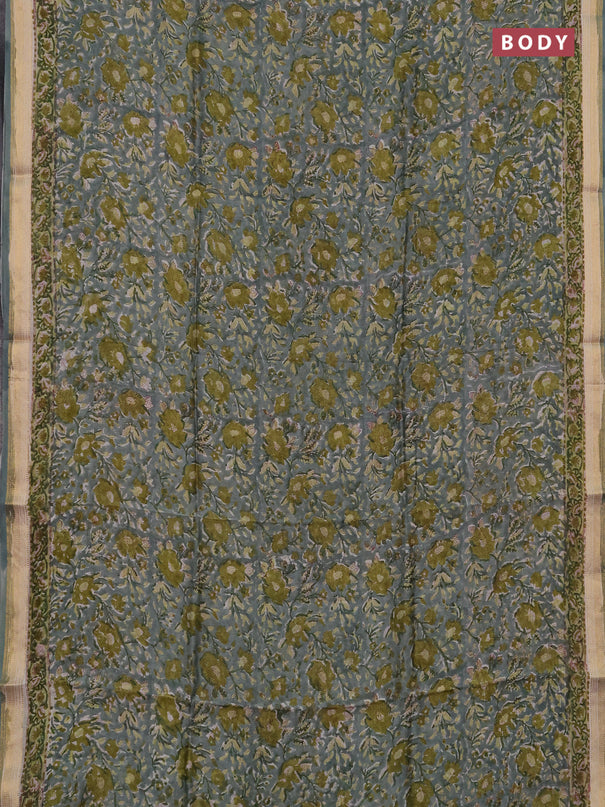 Chanderi bagru saree pastel green with allover kalamkari prints and maheshwari border