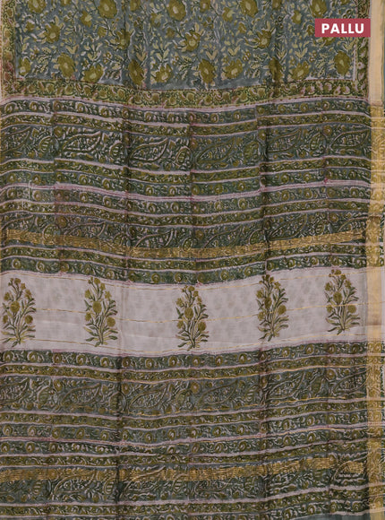 Chanderi bagru saree pastel green with allover kalamkari prints and maheshwari border