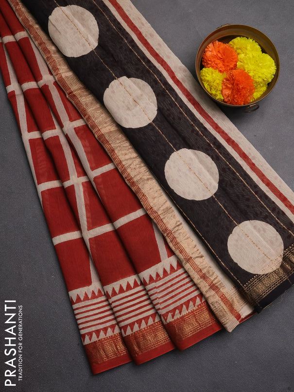 Chanderi bagru saree rust shade with allover checked pattern and maheshwari border