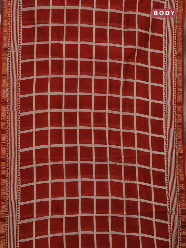 Chanderi bagru saree rust shade with allover checked pattern and maheshwari border
