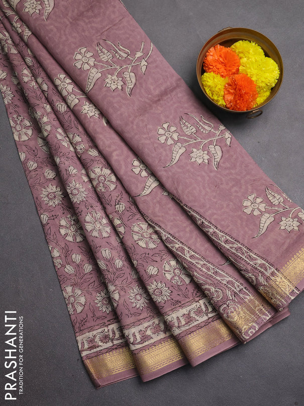 Chanderi bagru saree mauve pink with allover pichwai butta prints and maheshwari border