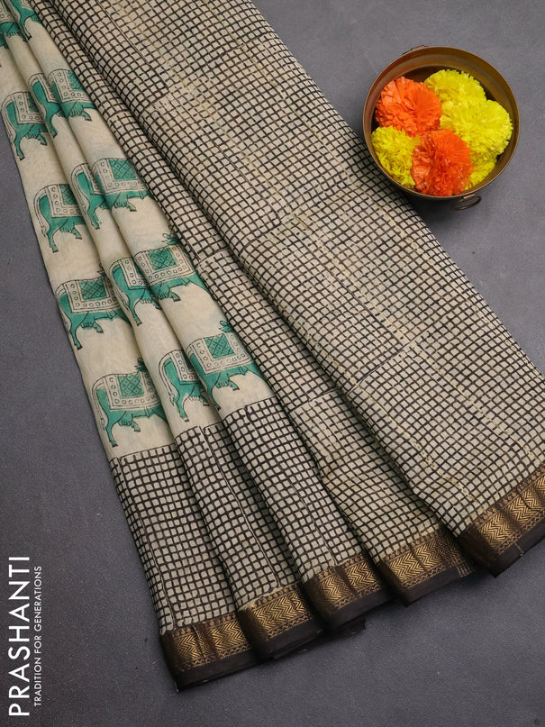 Chanderi bagru saree beige green and black with allover pichwai butta prints and maheshwari border