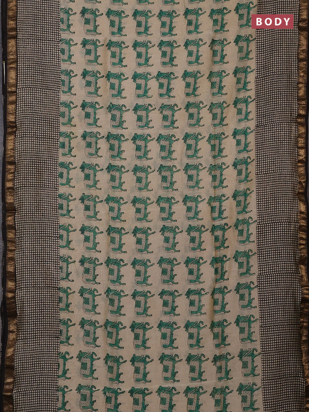 Chanderi bagru saree beige green and black with allover pichwai butta prints and maheshwari border