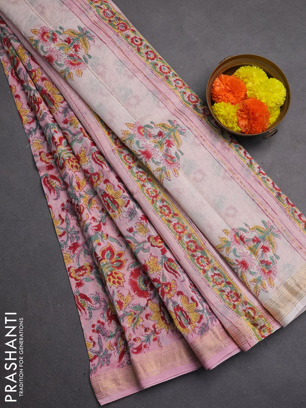 Chanderi bagru saree peach pink with allover kalamkari prints and maheshwari border
