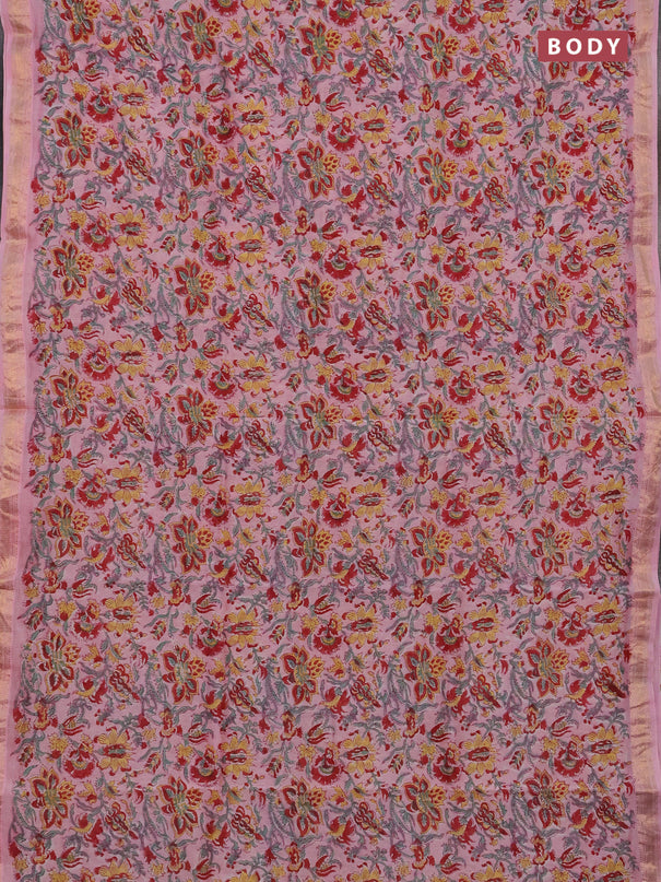 Chanderi bagru saree peach pink with allover kalamkari prints and maheshwari border