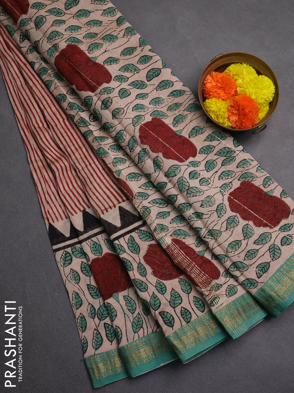 Chanderi bagru saree peach shade and green with allover stripe pattern and maheshwari border