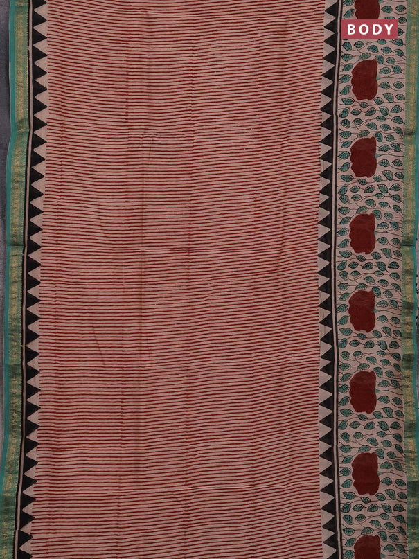 Chanderi bagru saree peach shade and green with allover stripe pattern and maheshwari border