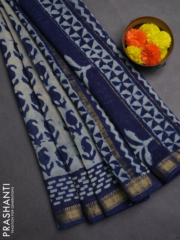 Chanderi bagru saree indigo blue with allover batik prints and maheshwari border