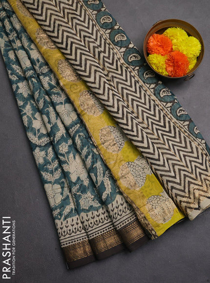 Chanderi bagru saree beige peacock green and coffee brown with allover kalamkari prints and maheshwari border