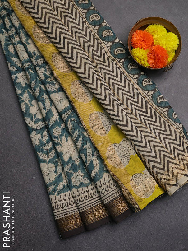 Chanderi bagru saree beige peacock green and coffee brown with allover kalamkari prints and maheshwari border
