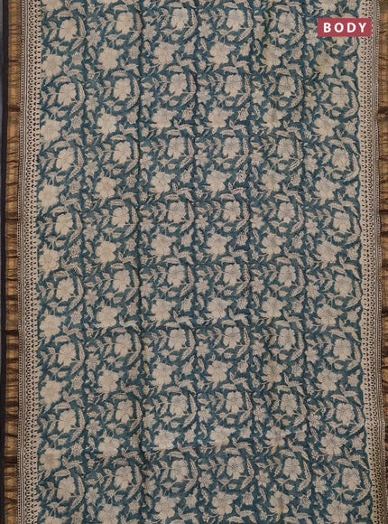 Chanderi bagru saree beige peacock green and coffee brown with allover kalamkari prints and maheshwari border
