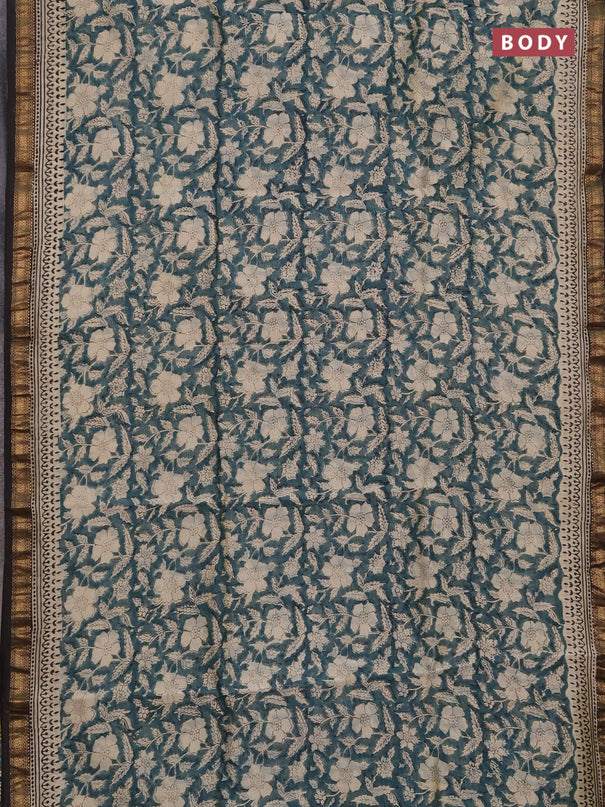 Chanderi bagru saree beige peacock green and coffee brown with allover kalamkari prints and maheshwari border