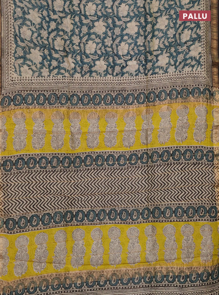 Chanderi bagru saree beige peacock green and coffee brown with allover kalamkari prints and maheshwari border
