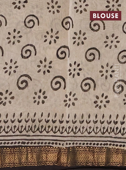 Chanderi bagru saree beige peacock green and coffee brown with allover kalamkari prints and maheshwari border