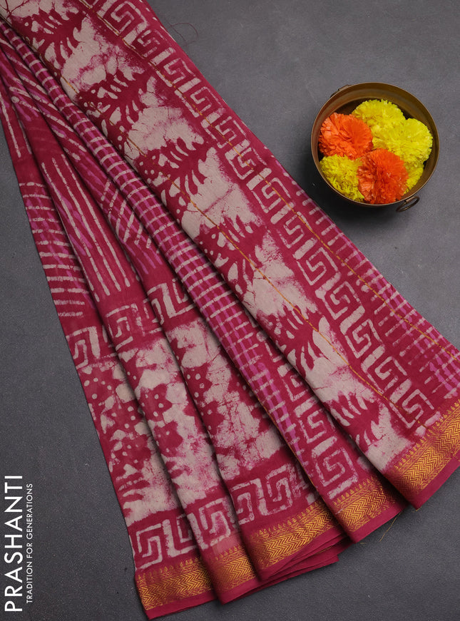 Chanderi bagru saree magenta pink with allover dabu prints and maheshwari border