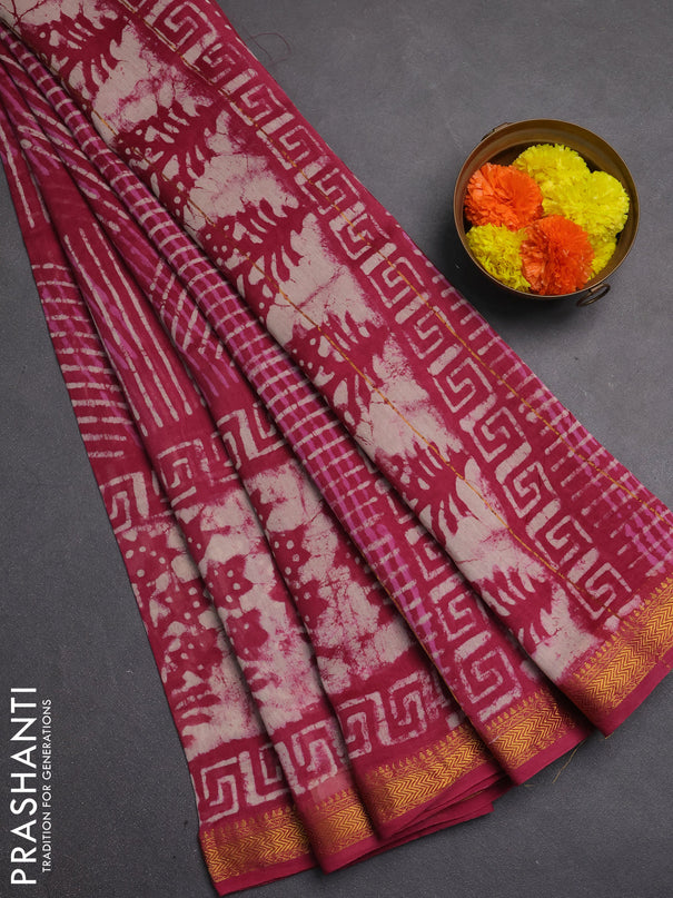 Chanderi bagru saree magenta pink with allover dabu prints and maheshwari border