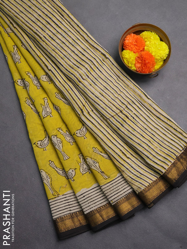 Chanderi bagru saree mustard green and black with allover bird butta prints and maheshwari border