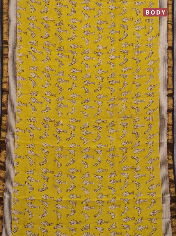 Chanderi bagru saree mustard green and black with allover bird butta prints and maheshwari border