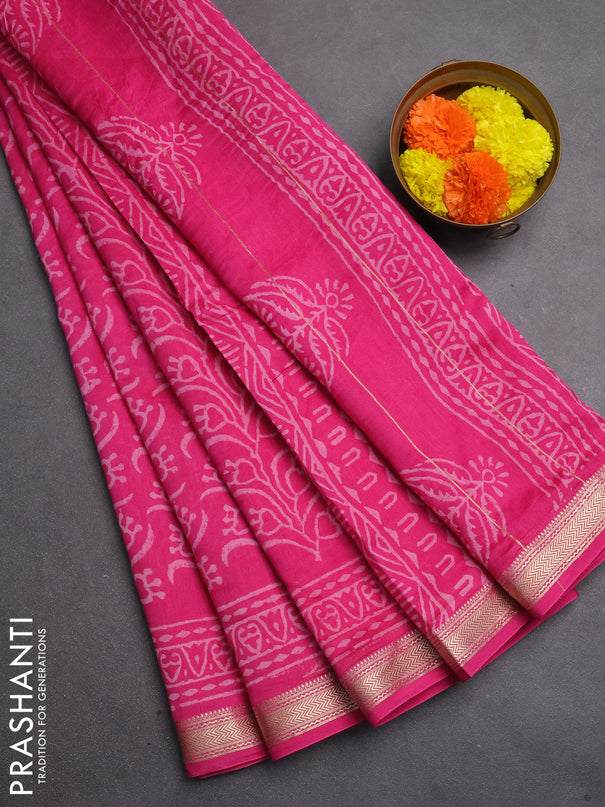Chanderi bagru saree pink with allover batik prints and maheshwari border