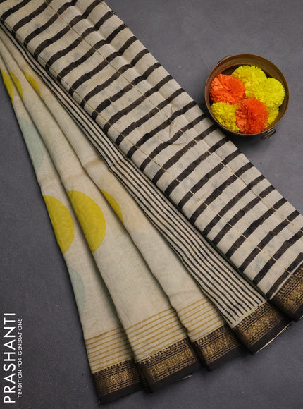 Chanderi bagru saree beige and black with allover geomatric prints and maheshwari border