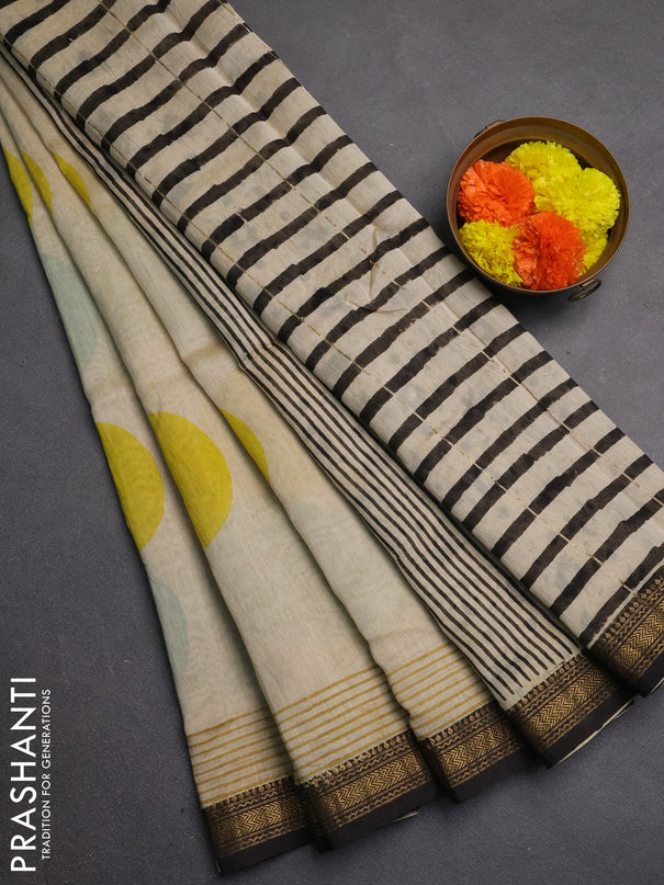 Chanderi bagru saree beige and black with allover geomatric prints and maheshwari border