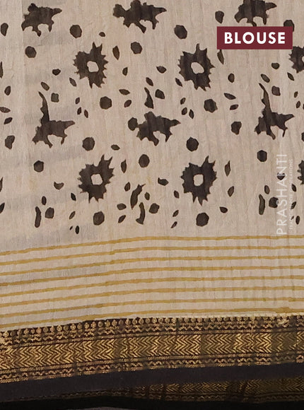 Chanderi bagru saree beige and black with allover geomatric prints and maheshwari border