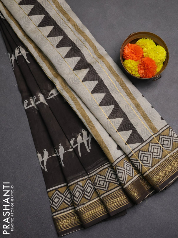 Chanderi bagru saree black with kalamkari prints and maheshwari border