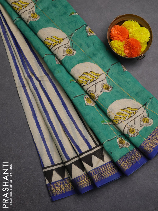 Chanderi bagru saree beige and blue with allover stripe pattern and maheshwari border