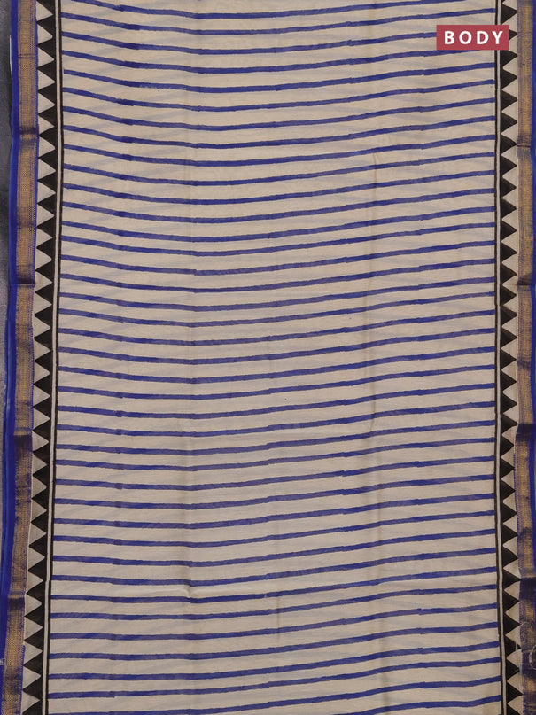Chanderi bagru saree beige and blue with allover stripe pattern and maheshwari border