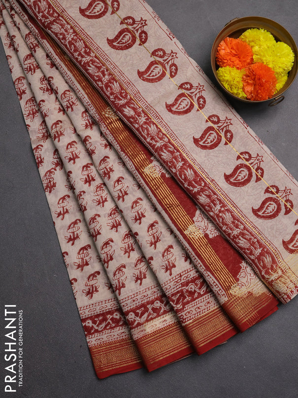 Chanderi bagru saree beige and maroon with allover butta prints and maheshwari border