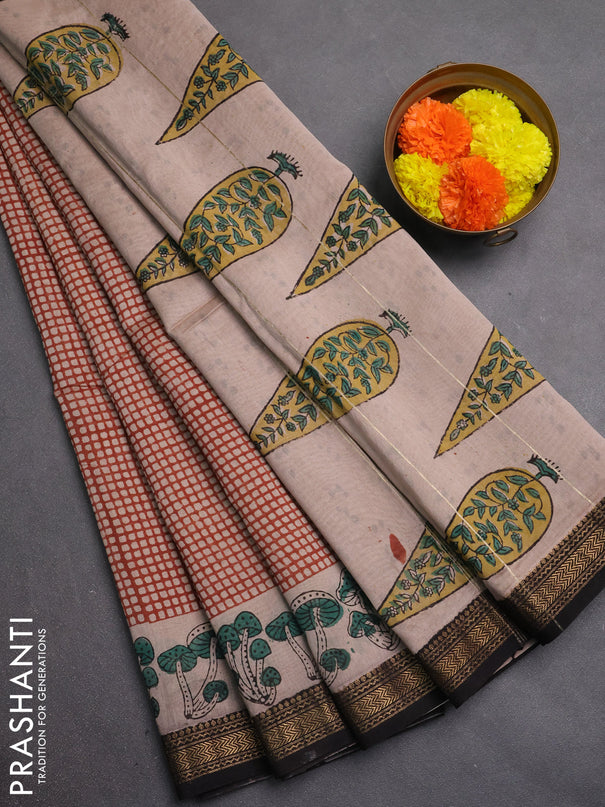 Chanderi bagru saree rust shade and black with allover checked pattern and maheshwari border