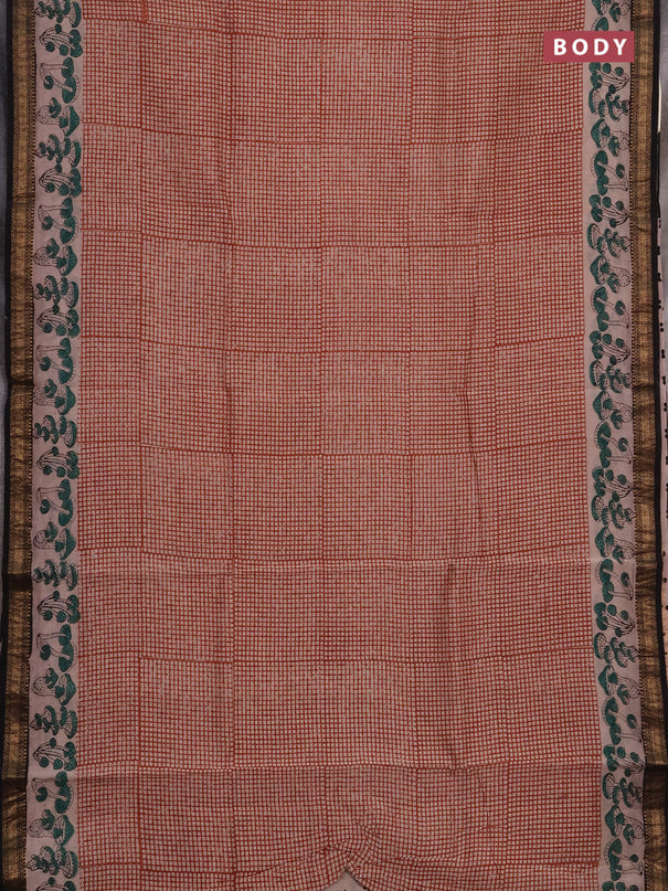Chanderi bagru saree rust shade and black with allover checked pattern and maheshwari border
