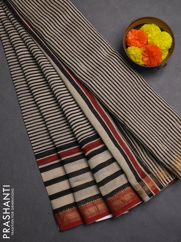 Chanderi bagru saree beige and rust shade with allover stripe pattern and maheshwari border
