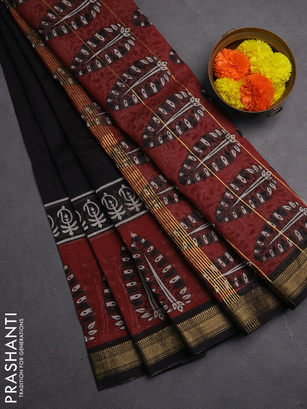 Chanderi bagru saree black with plain body and maheshwari border